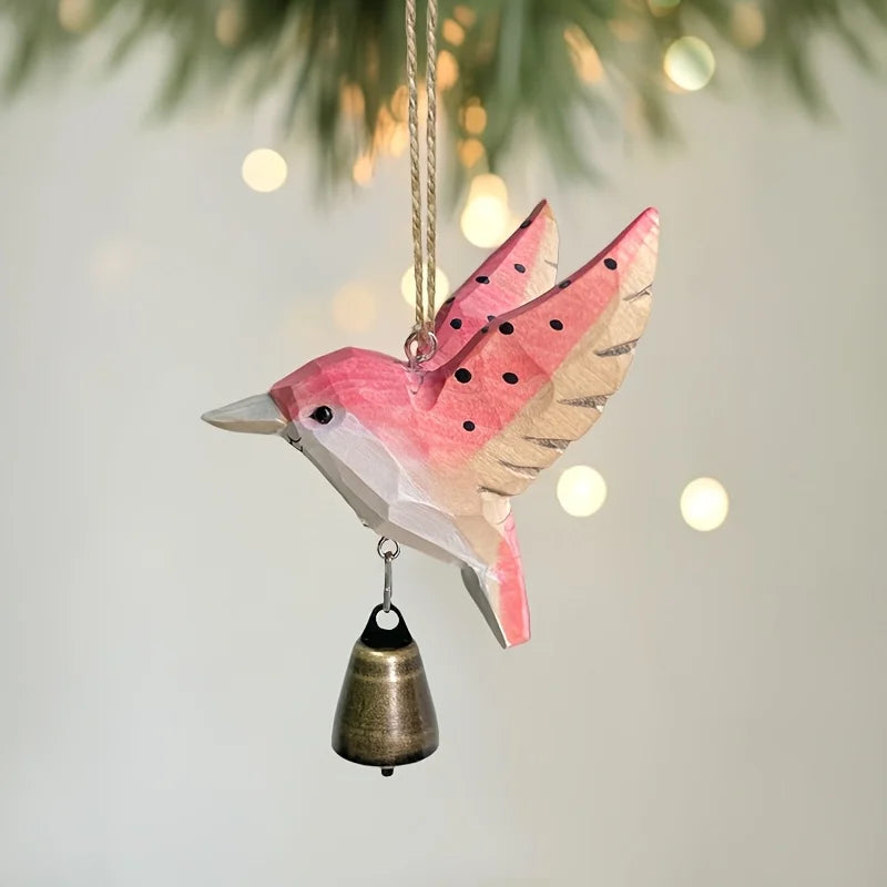1pc Hand-Carved Solid Wood Hummingbird Wind Chime Pendant -Wood Grain Flying Bird Sculpture with Soothing Sound Rustic Farmhouse