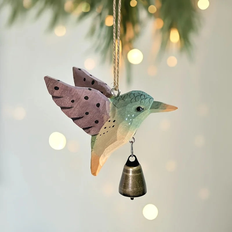1pc Hand-Carved Solid Wood Hummingbird Wind Chime Pendant -Wood Grain Flying Bird Sculpture with Soothing Sound Rustic Farmhouse