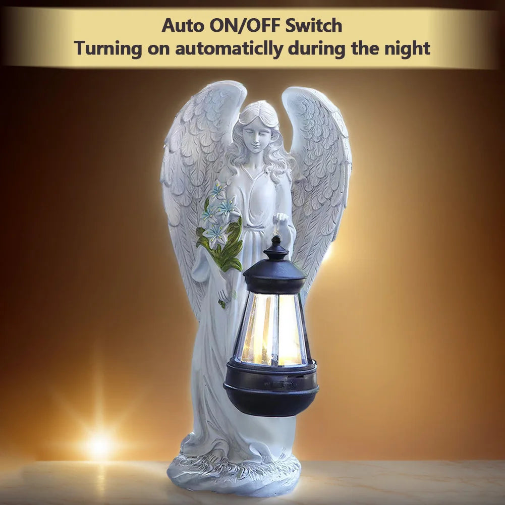 Solar Angel Statue Light Auto On & Off Decorative Angel Figurine Lantern Fairy Figurine Decor Lamp for Outside Yard Art Patio