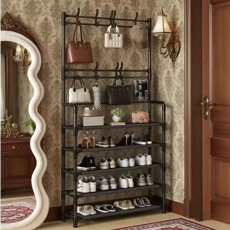 Multifunctional Hallway Coat Rack and Shoe Bench, Entryway Storage for Shoes Clothes Hats Bags Umbrellas Jackets