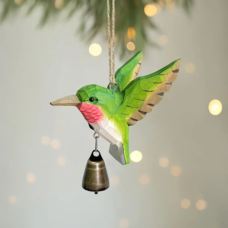 1pc Hand-Carved Solid Wood Hummingbird Wind Chime Pendant -Wood Grain Flying Bird Sculpture with Soothing Sound Rustic Farmhouse