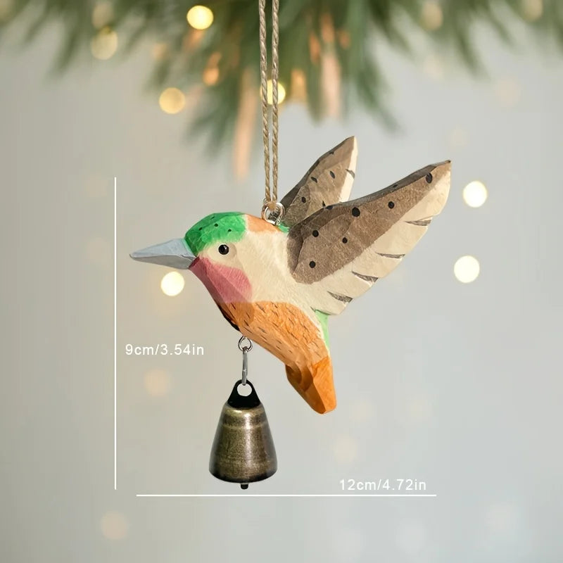 1pc Hand-Carved Solid Wood Hummingbird Wind Chime Pendant -Wood Grain Flying Bird Sculpture with Soothing Sound Rustic Farmhouse