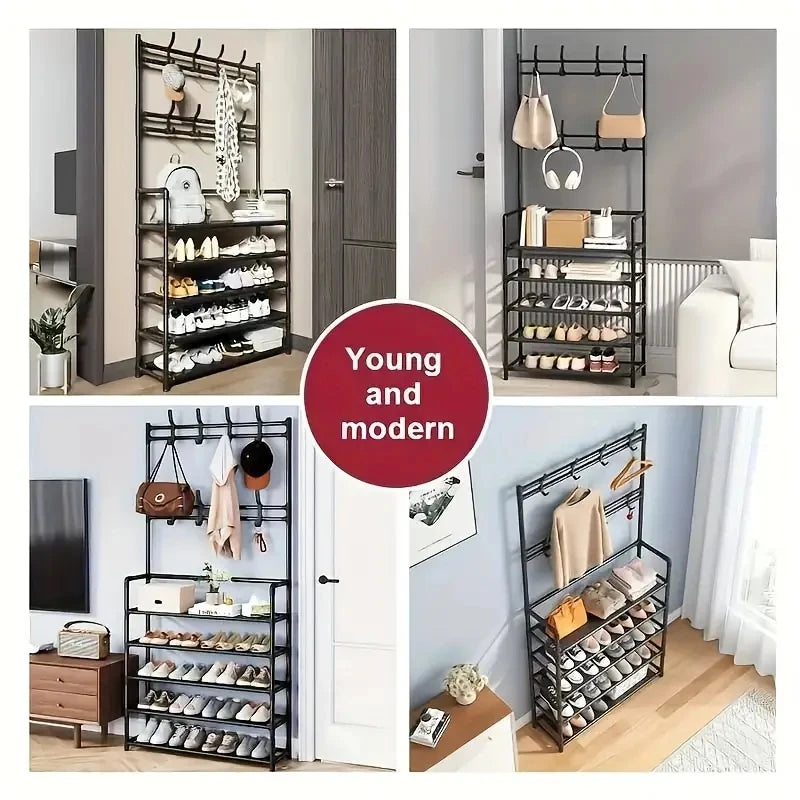 Multifunctional Hallway Coat Rack and Shoe Bench, Entryway Storage for Shoes Clothes Hats Bags Umbrellas Jackets