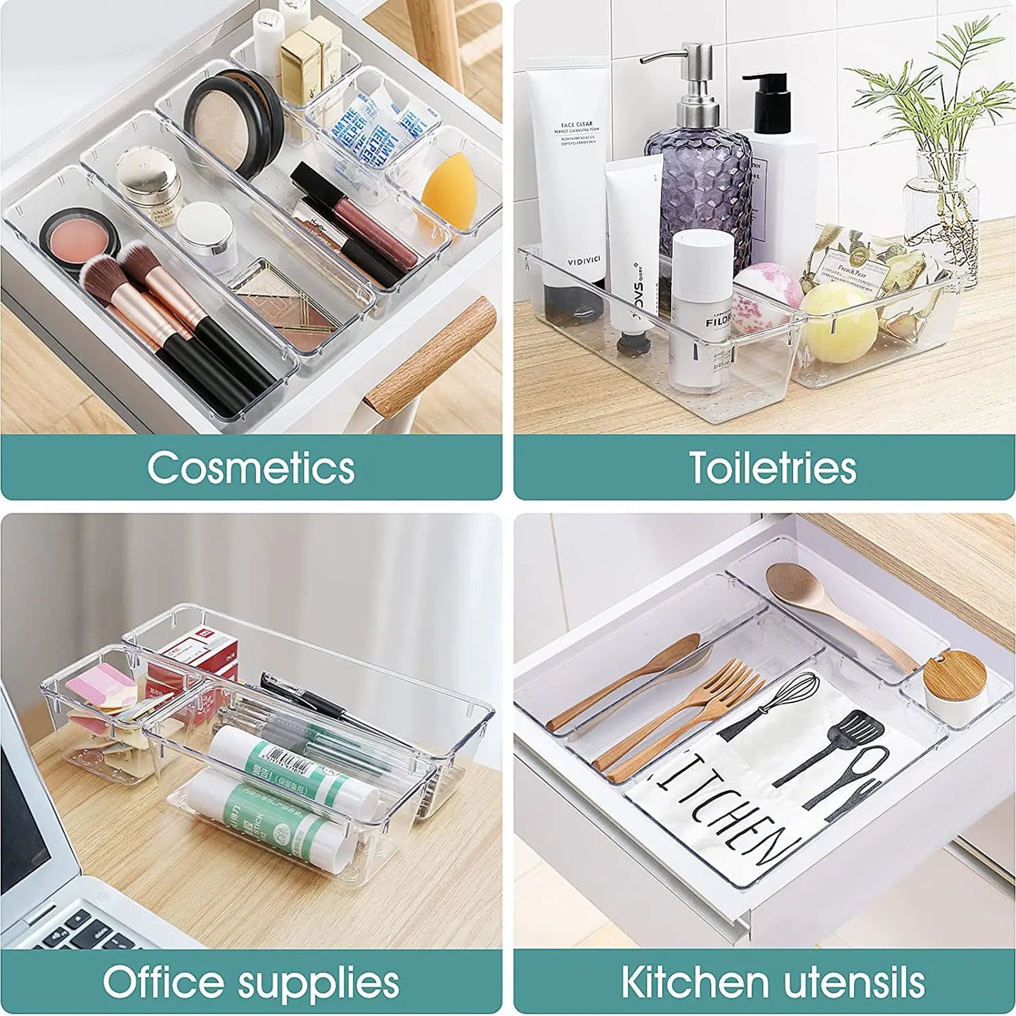 28 PCS Clear Drawer Organizers Set 4-Size Versatile Bathroom and Vanity Drawer Organizer Trays Storage Bins for Bedroom Kitchen