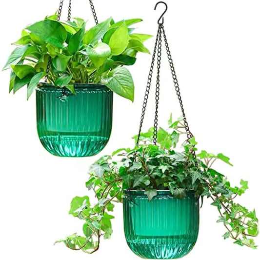 2 Pack Self Watering Hanging Planters Indoor Flower Pots 6.5 Inch Outdoor Hanging Basket Plant Hanger with 3Hooks Drainage Hole
