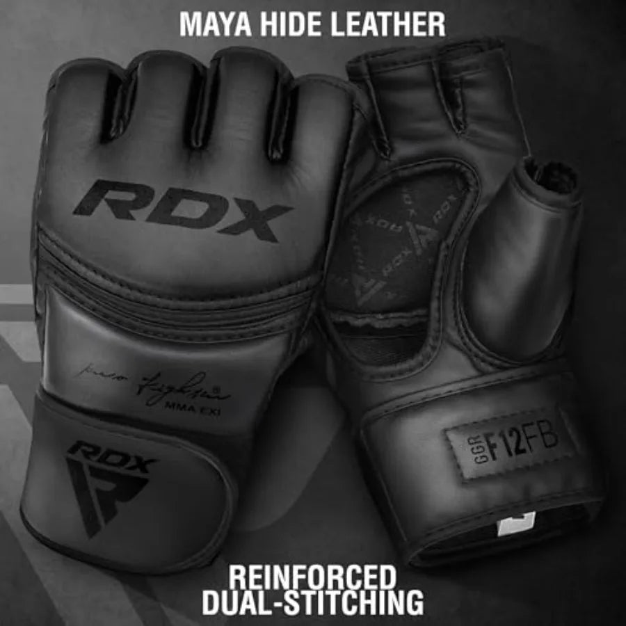 MMA Gloves Grappling Sparring, Maya Hide Leather, Boxing Gloves Men Women Muay Thai Martial Arts Training, Half Finger Adjustab