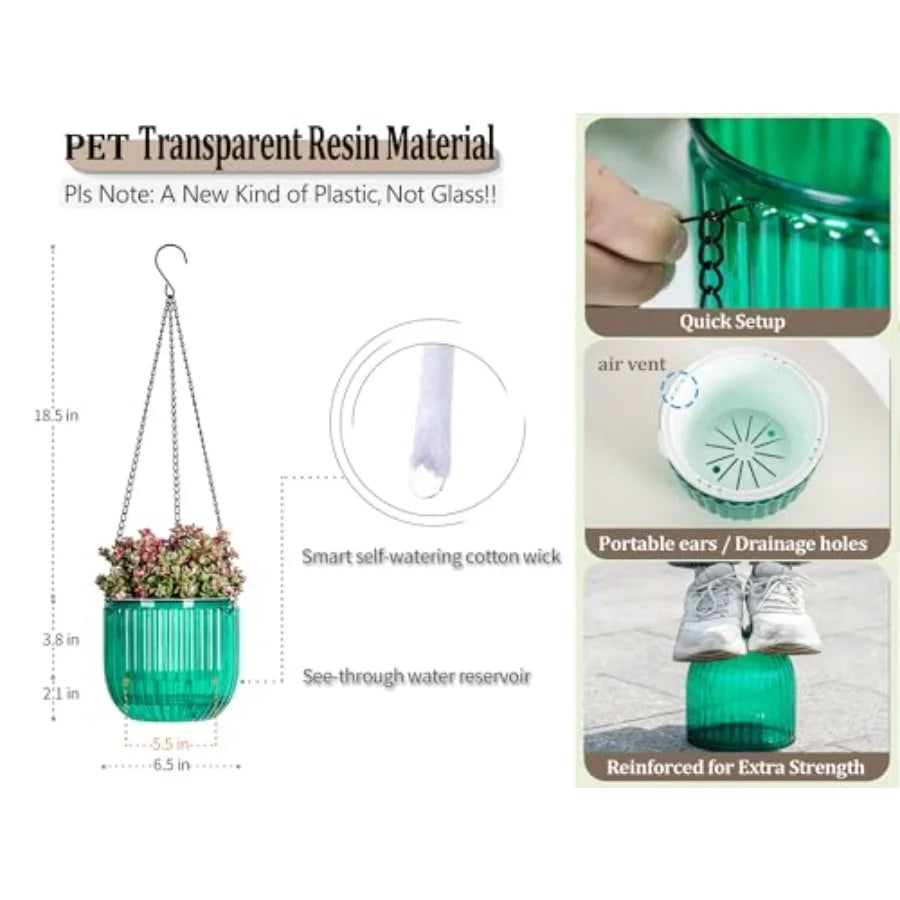 2 Pack Self Watering Hanging Planters Indoor Flower Pots 6.5 Inch Outdoor Hanging Basket Plant Hanger with 3Hooks Drainage Hole